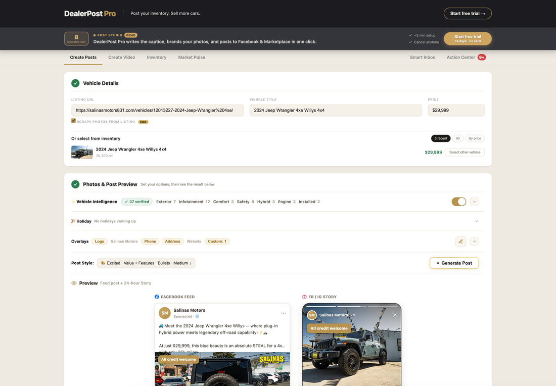 Create Posts: vehicle details, photo overlays, and a live preview of the Facebook feed post and story.